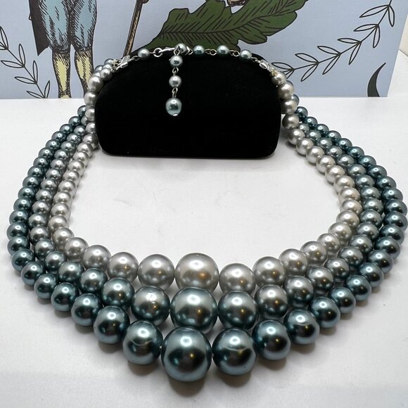Japan Triple Strand Blue Gray Silver Glass Pearl Necklace - Picture 1 of 5